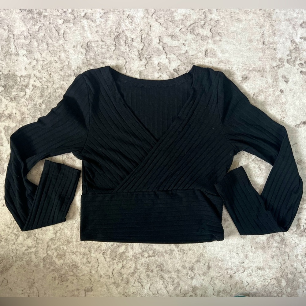 SHEIN Black Ribbed Long Sleeve Wrap Blouse